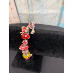 Colorful Charm Bracelet With Glass Beads & Silver-Tone Charms Lobster Clasp Clos